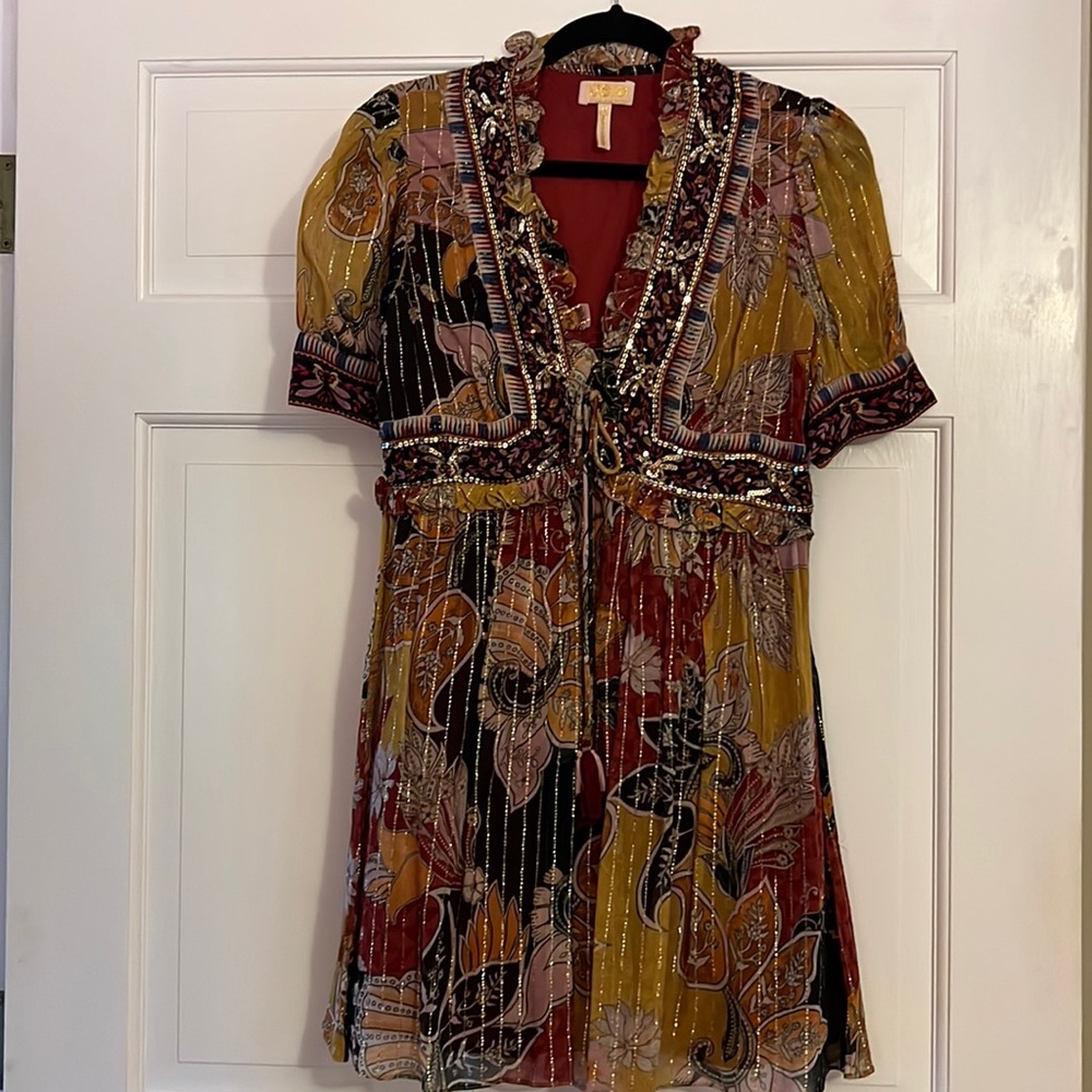 Anthropology, verb dress XS multicolored, gold, sequin, and threading new